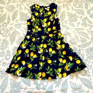 Size 12 Chetta B Mini Dress Navy Blue with yellow lemon print fit and flare